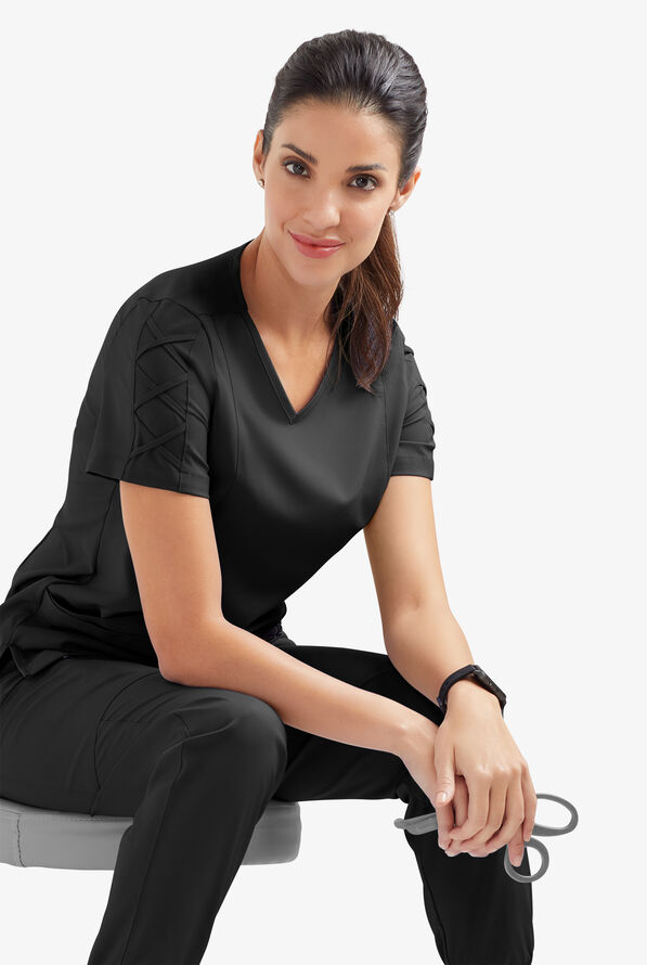 Easy STRETCH Kylie Woman's 5 Pocket V-Neck With Criss-Cross Detail Scrub Top - Onyx Black - 5