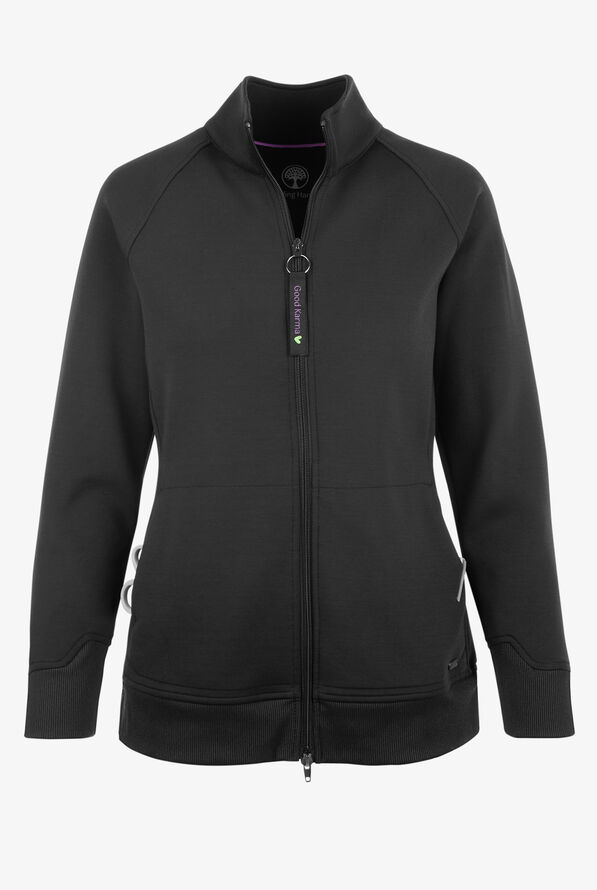 Healing Hands Purple Label Karma Women's 5-Pocket STRETCH Zip Front Scrub Jacket - Black - 1