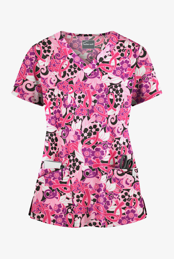 Blusa médica estampada Butter-Soft Pink Ribbon Bouquet con cuello en V redondeado y 4 bolsillos para mujer - null - 1