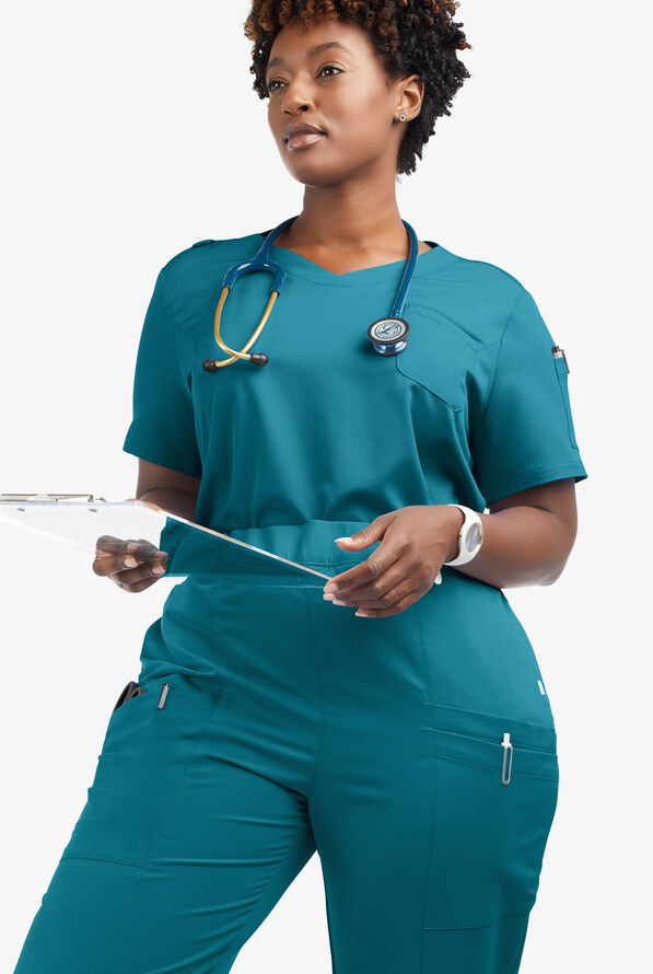 Butter-Soft Women's 3-Pocket V-Neck Tuck-In Scrub Top **Slightly IRREGULAR** - Caribbean Blue - 4