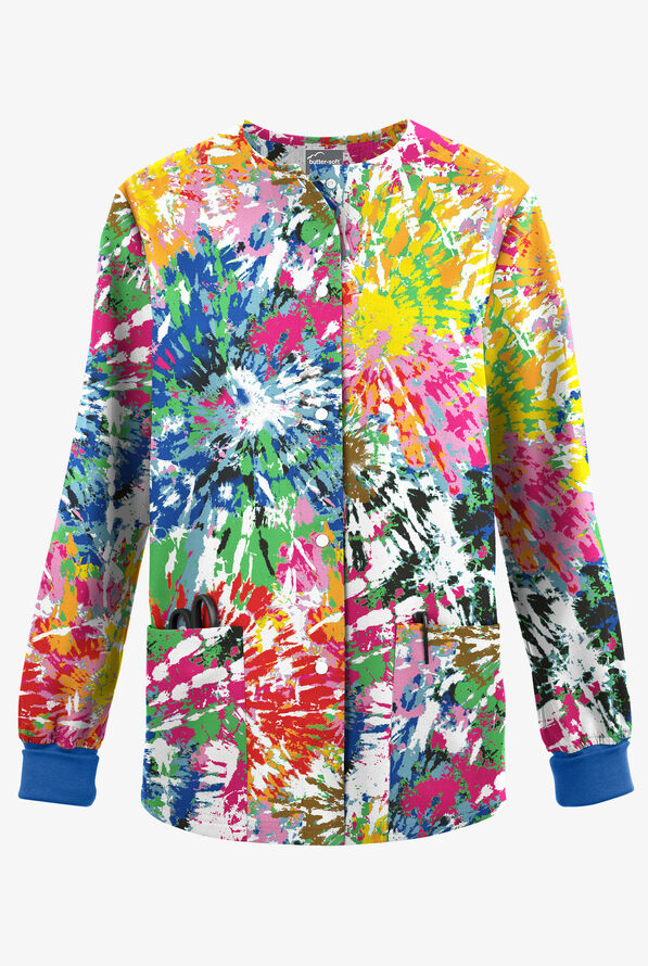 Butter-Soft Originals Rainbow Tie-Dye Women's 3-Pocket Warm-Up Printed Scrub Jacket - null - 1