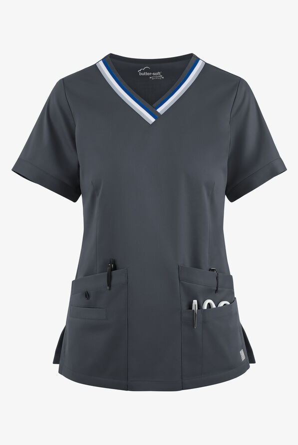 Butter-Soft STRETCH Women's 5-Pocket Short Sleeve V-Neck with Sport Trim Detail Scrub Top - Pewter - 1
