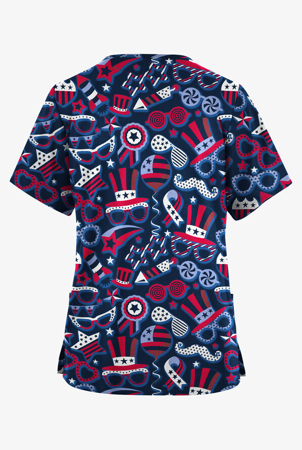 Blusa médica estampada Butter-Soft Originals Stars and Stripes Navy de corte clásico con cuello en V y 2 bolsillos para mujer - null - 2