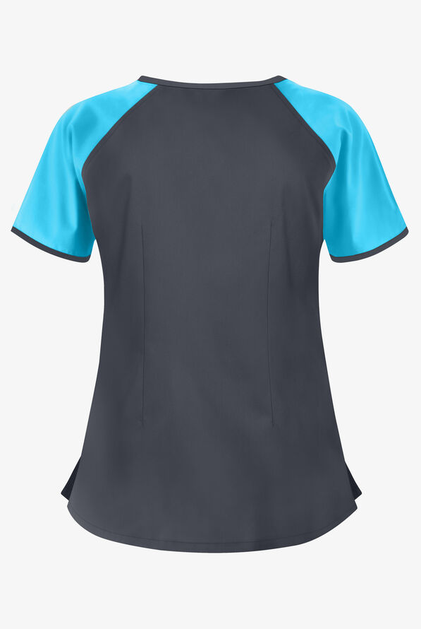 Butter-Soft Core Color Block Women's 2-Pocket Keyhole Scrub Top - Pewter/Turquoise/Orchid - 3