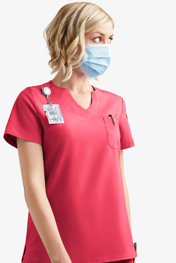 Easy STRETCH Nikki Women's 1-Pocket Scallop Neck Tuck-In Scrub Top - Bright Watermelon - 7