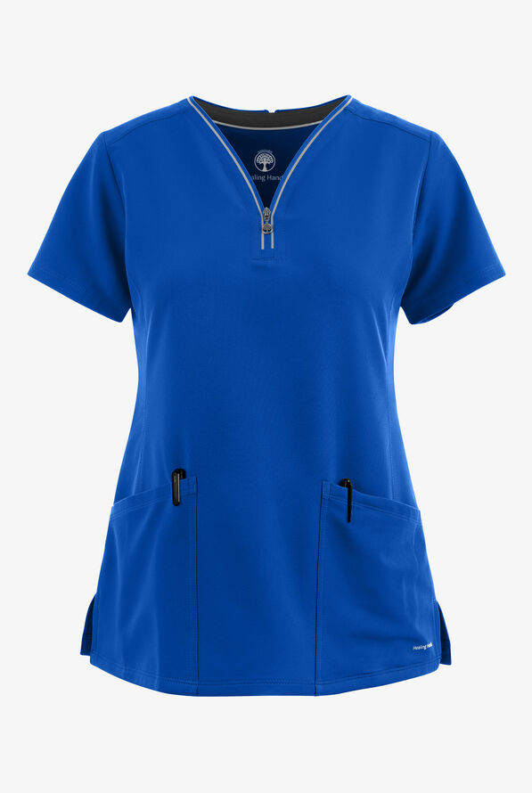 Healing Hands 360 Sonia Women's 3-Pocket STRETCH Reflective Y-Neck Zip Scrub Top - Royal - 1