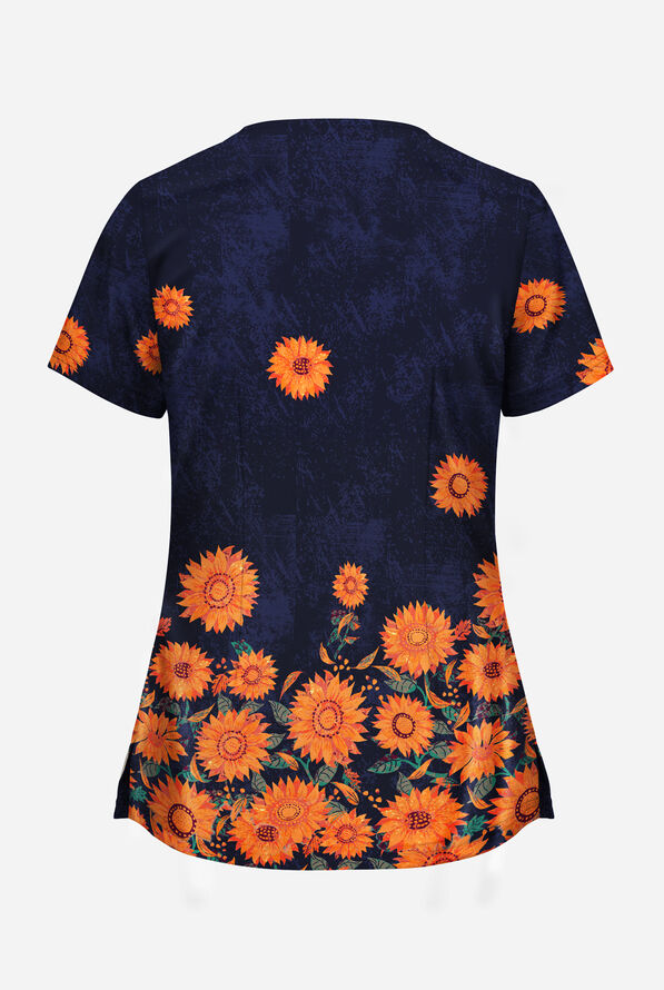 Butter-Soft STRETCH Sunflowers Navy Women's 2-Angled Welt Pocket V-Neck Print Scrub Top - null - 2