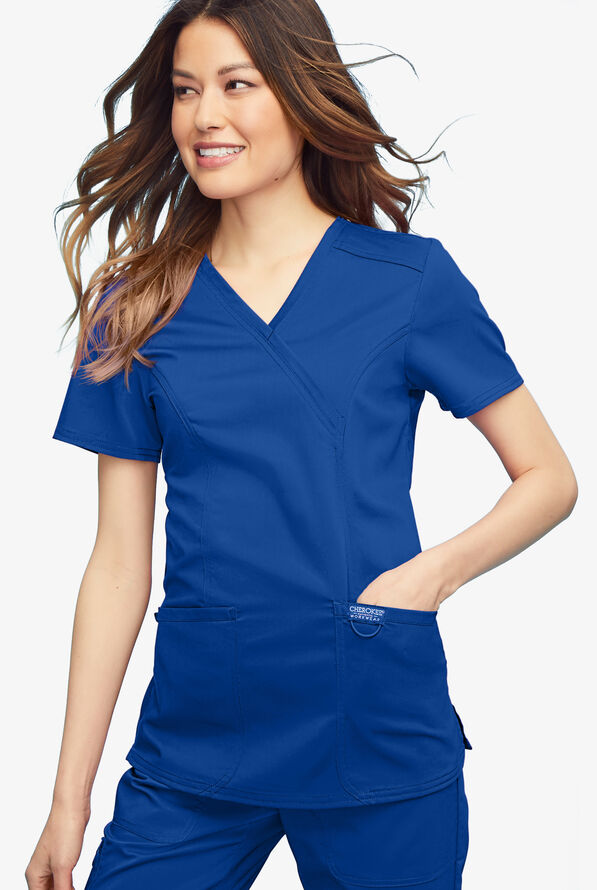 Cherokee Workwear Revolution Women's 2-Pocket STRETCH Mock Wrap Scrub Top - Royal - 2
