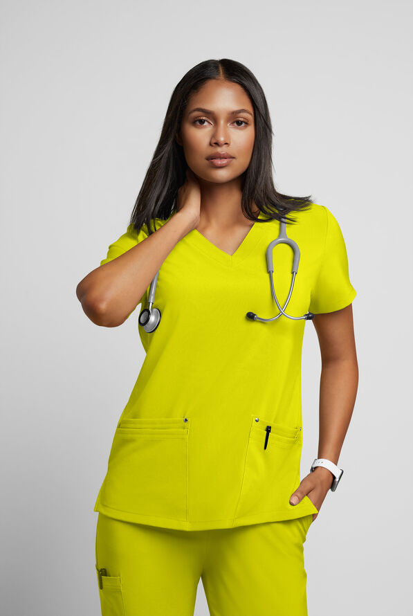 Easy STRETCH Lina Mitered Women's 4-Pocket V-Neck Scrub Top - Cyber Lime - 2