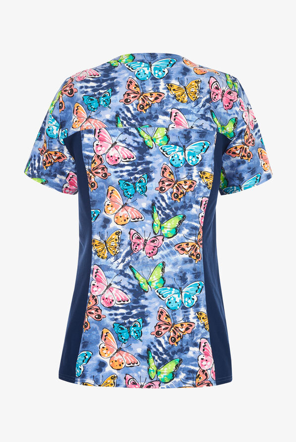 Cherokee Pretty Fly Tie Dye Women's 2-Pocket STRETCH V-Neck Print Scrub Top - null - 2