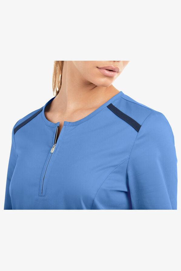 Butter-Soft STRETCH Women's 4-Pocket 3/4" Sleeve  Zip Scrub Top - Ceil/Navy - 6