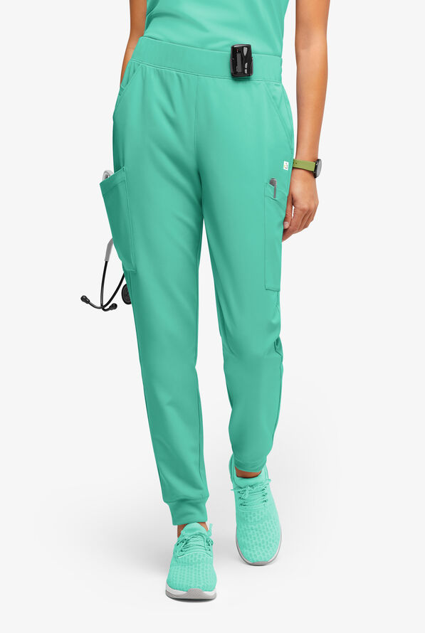 ReSurge Amber Women's Modern 7-Pocket Flat Front Slim Leg Jogger Scrub Pants - Petite - Bright Jade - 1
