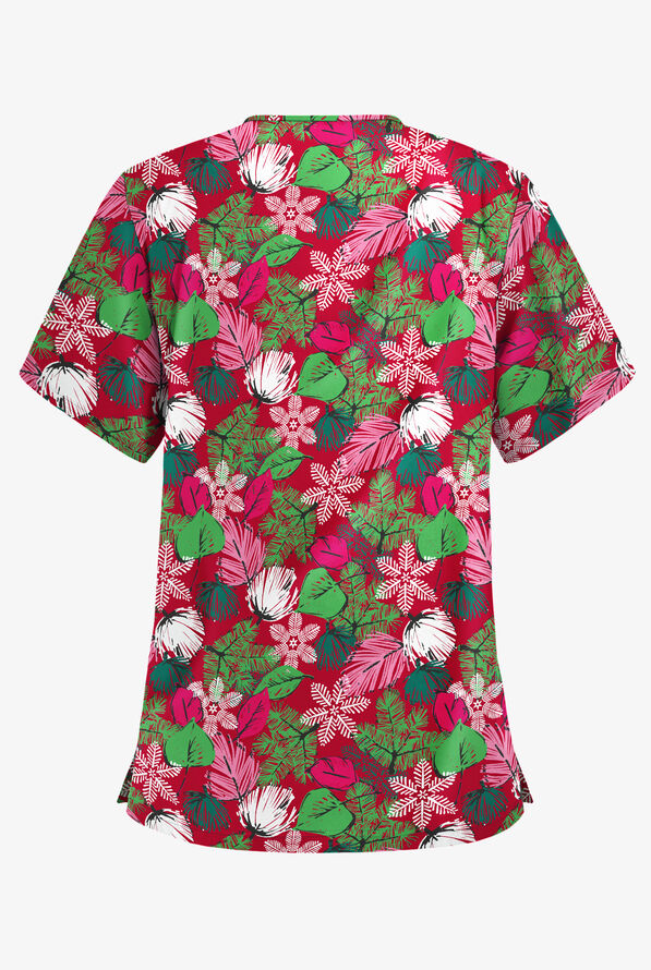 Butter-Soft Christmas Frost Red Women's 3-Pocket V-Neck Print Scrub Top - null - 2
