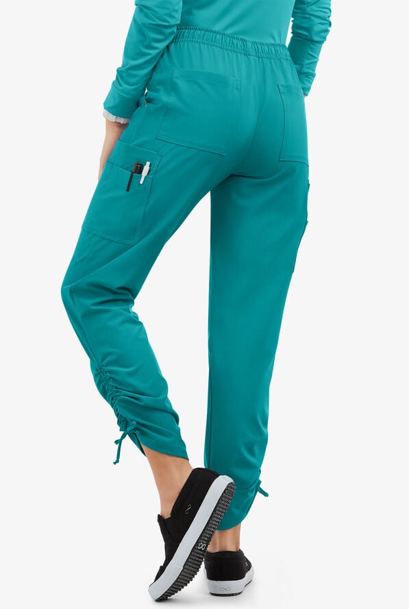 Easy STRETCH Halle Women's 11-Pocket Ruched Leg Jogger Scrub Pants - Petite - Teal - 4
