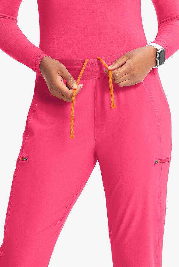 Infinity GNR8 Women's 4-Pocket STRETCH Rib-Knit Internal Drawstring Cargo Jogger Scrub Pants - Power Pink - 3