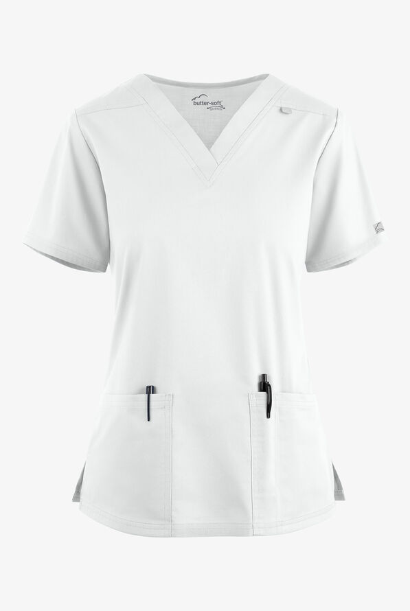 Butter-Soft STRETCH Women's 4-Pocket V-Neck Scrub Top - White - 1