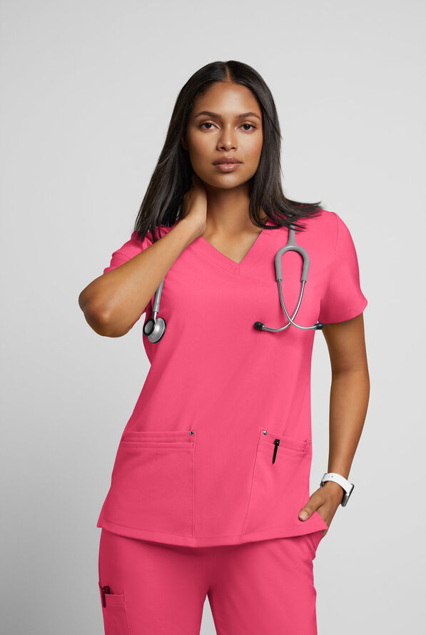 Easy STRETCH Lina Mitered Women's 4-Pocket V-Neck Scrub Top - Strawberry Fizz - 2