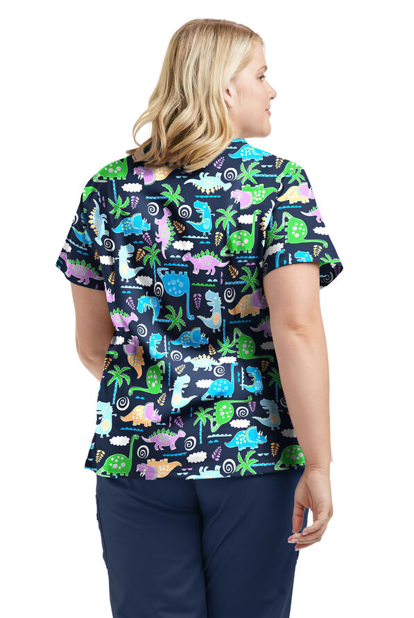 Butter-Soft STRETCH Stompin' Dino Turquoise Women's 4-Pocket Crisscross Print Scrub Top - null - 3