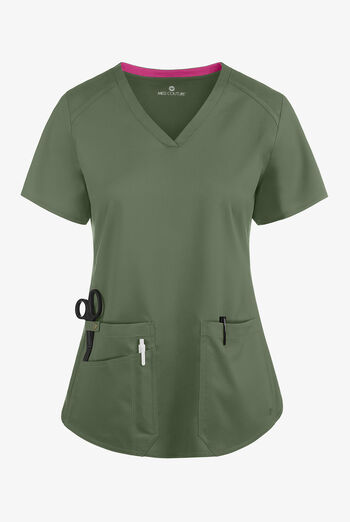 Med Couture Touch Women's 3-Pocket STRETCH Rib-Knit Side Panels Shirttail V-Neck Scrub Top