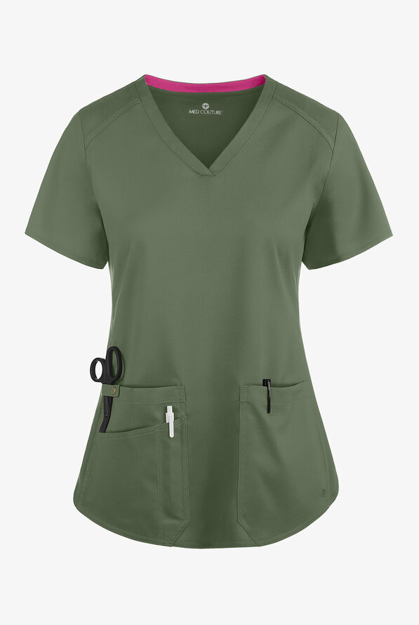 Med Couture Touch Women's 3-Pocket STRETCH Rib-Knit Side Panels Shirttail V- Neck Scrub Top - Olive - 1