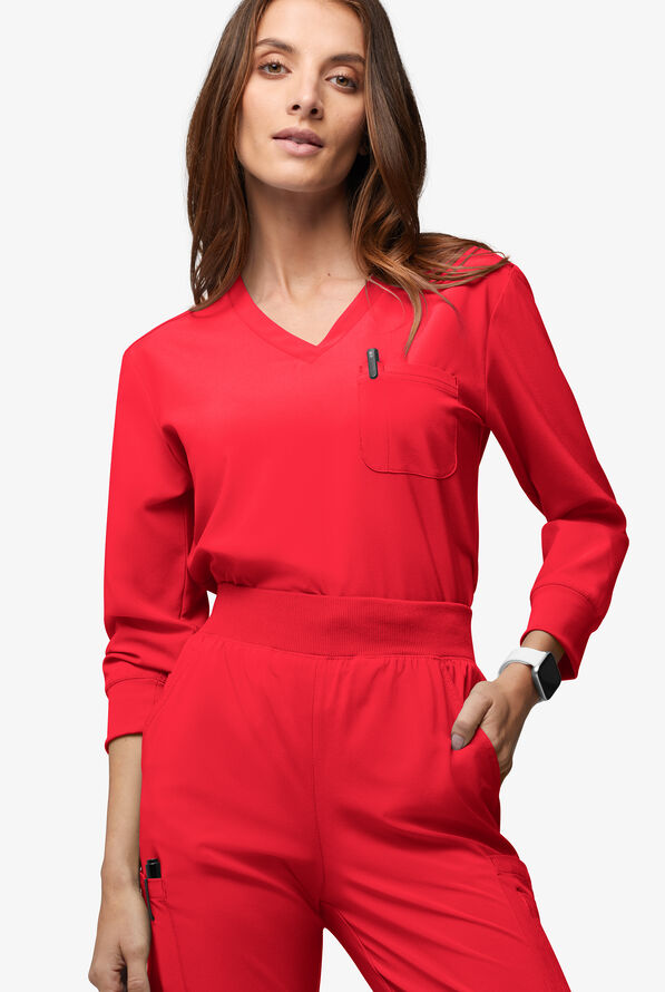 Blusa médica Easy STRETCH con mangas 3/4 y cuello en V para mujer - Atomic Red - 2