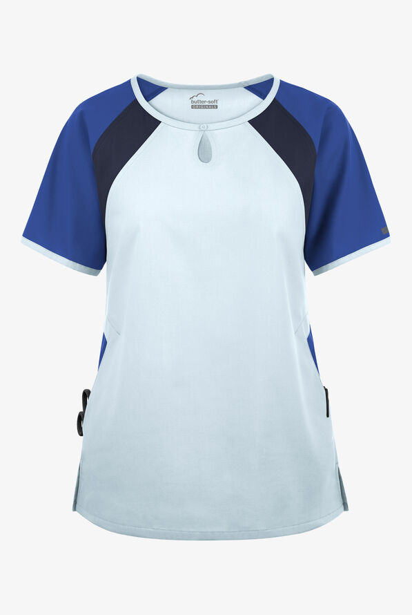 Blusa médica Butter-Soft Originals Tri-Colorblock con cuello ojo de cerradura y 3 bolsillos para mujer - Morning Dew/Galaxy/Navy - 1