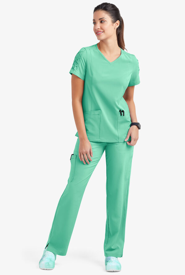 Blusa m&eacute;dica EASY STRETCH Kylie con detalle entrecruzado y 5 bolsillos para mujer - Jade Mint - 2