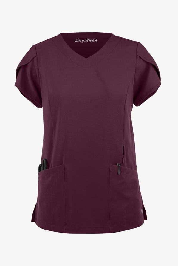 Easy STRETCH Daisy Women's 4-Pocket V-Neck Scrub Top with Petal Sleeves - Dark Mulberry - 1