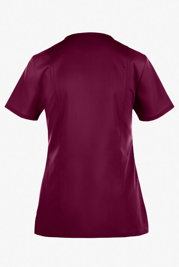 Cherokee Workwear Revolution Women's 2-Pocket STRETCH Mock Wrap Scrub Top - Wine - 3