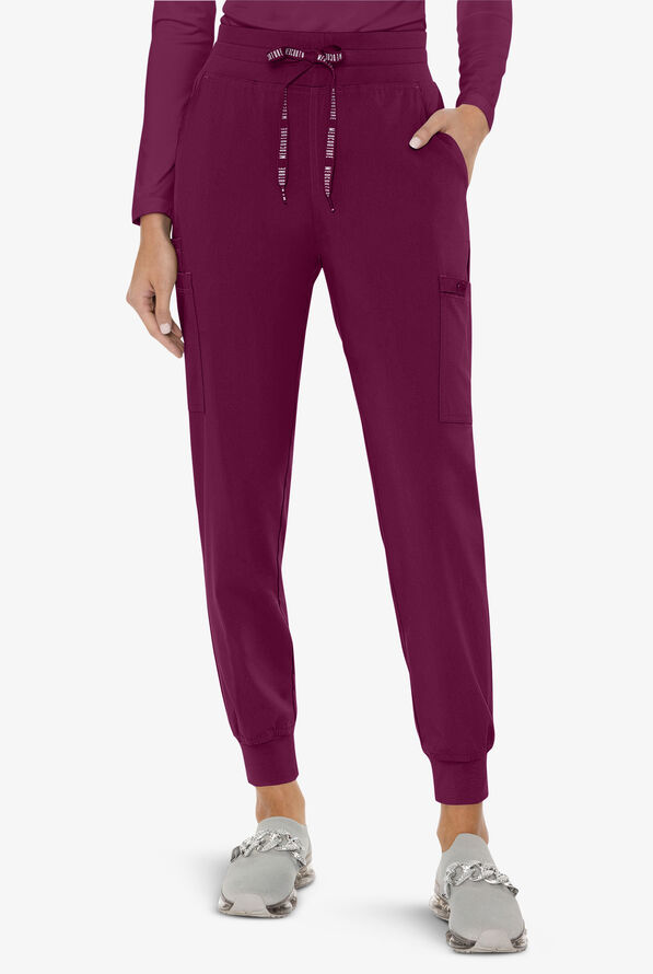 Med Couture Touch Women's 6-Pocket STRETCH High Waisted Double Cargo Jogger Scrub Pants - Wine - 1