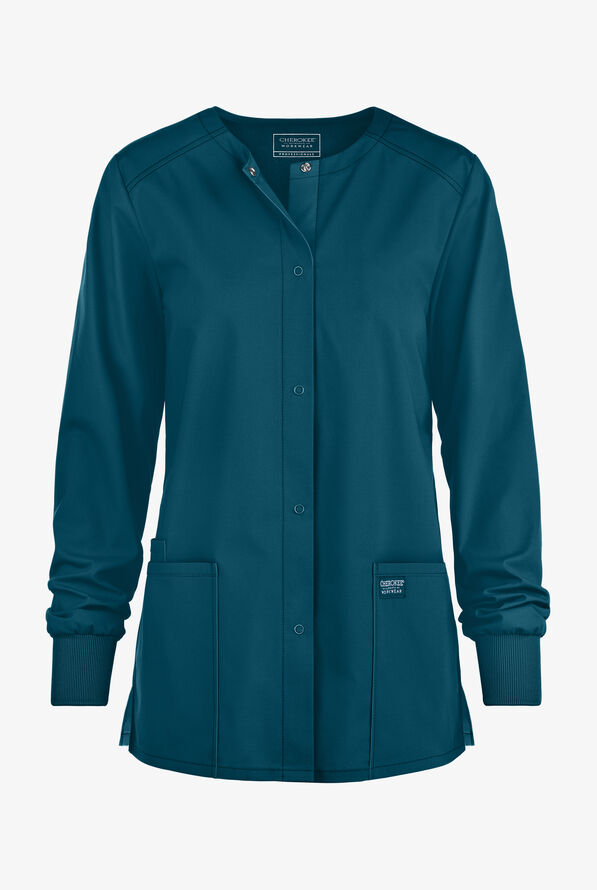 Cherokee Workwear Professionals Women's 3-Pocket STRETCH Snap Front Scrub Jacket - Caribbean Blue - 1
