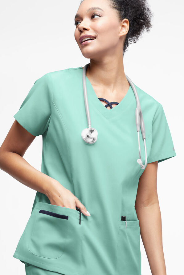 Butter-Soft Originals Women's 3-Pocket Crisscross Contrast V-Neck Scrub Top - Water Mint/Navy - 2