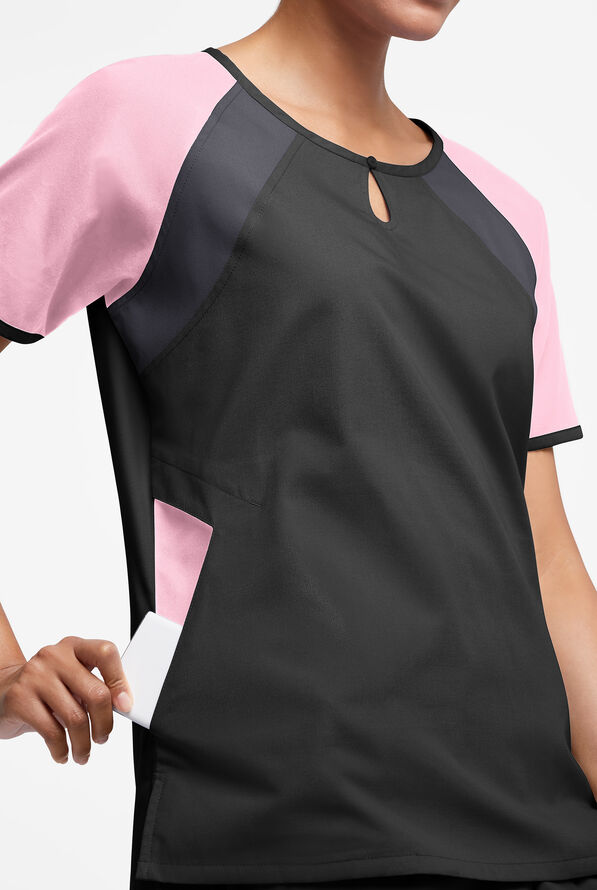 Butter-Soft Originals Women's 3-Pocket Keyhole Neck Tri-Colorblock Scrub Top - Black/Blush/Pewter - 2
