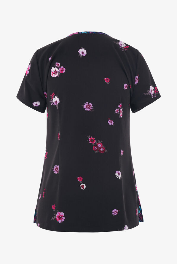 Butter-Soft STRETCH Cantik Ikat & Floral Women's 1-Pocket Tuck-In V-Neck Mixed Print Scrub Top - null - 2