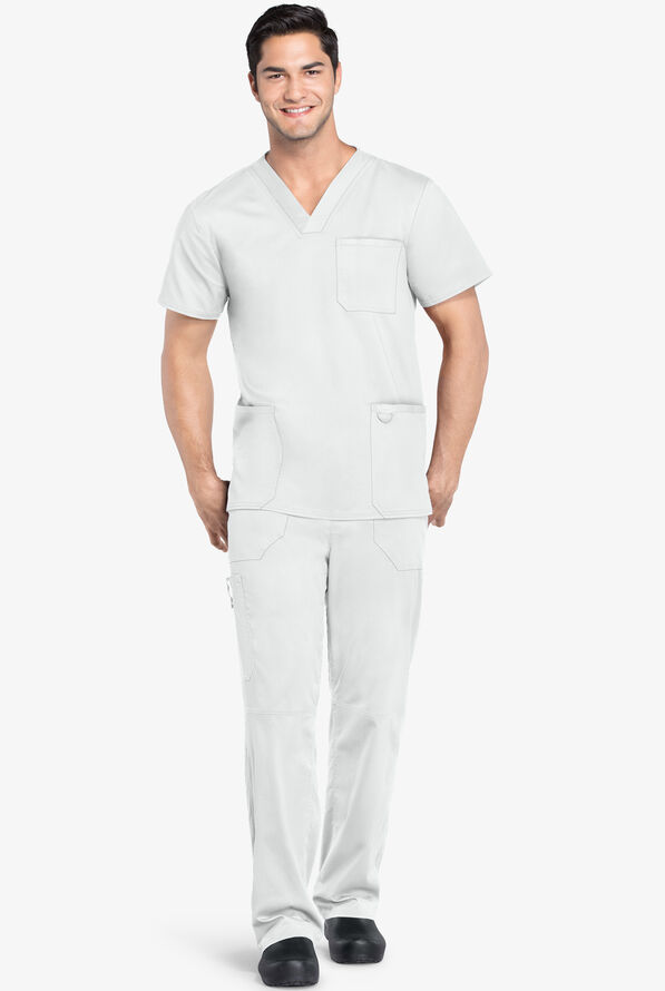 Cherokee Workwear Revolution Men's 3-Pocket STRETCH V-Neck Scrub Top - White - 2