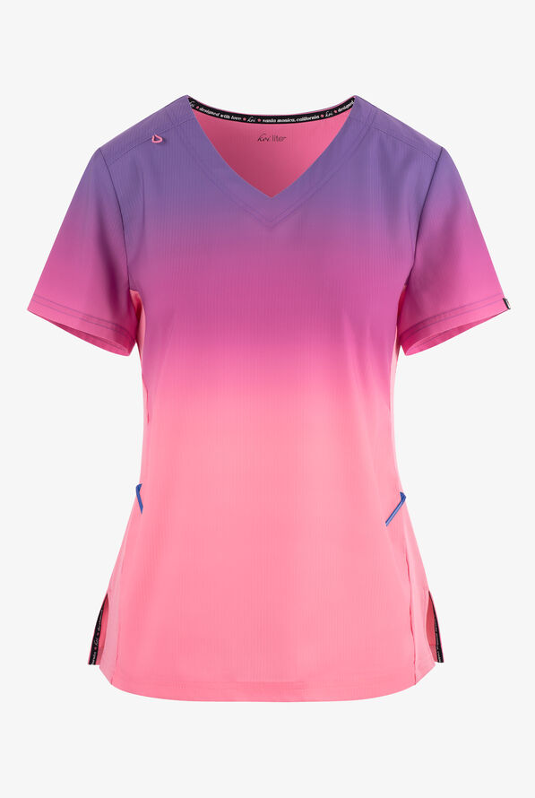 koi Lite Wisteria/Radiant Mauve/Peony Pink Ombre Women's 2Pocket VNeck Print Scrub Top, Ombre