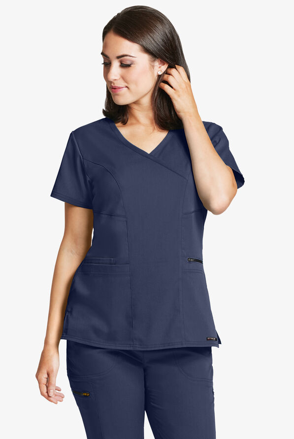 Grey's Anatomy by Barco Spandex STRETCH Kim Women's 3-Pocket Mock Wrap Scrub Top - Indigo - 2