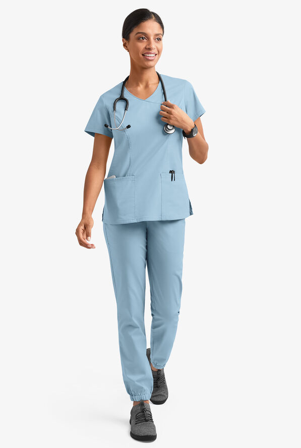 Blusa m&eacute;dica UA Butter-Soft STRETCH estilo cruzado con cuello en V y 3 bolsillos para mujer - Dew Point - 6