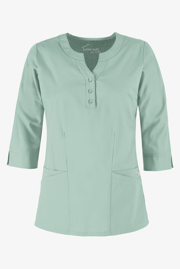Butter-Soft STRETCH Women's 4-Pocket 3/4" Sleeve Round Neck Scrub Top - Eucalyptus Leaf - 1