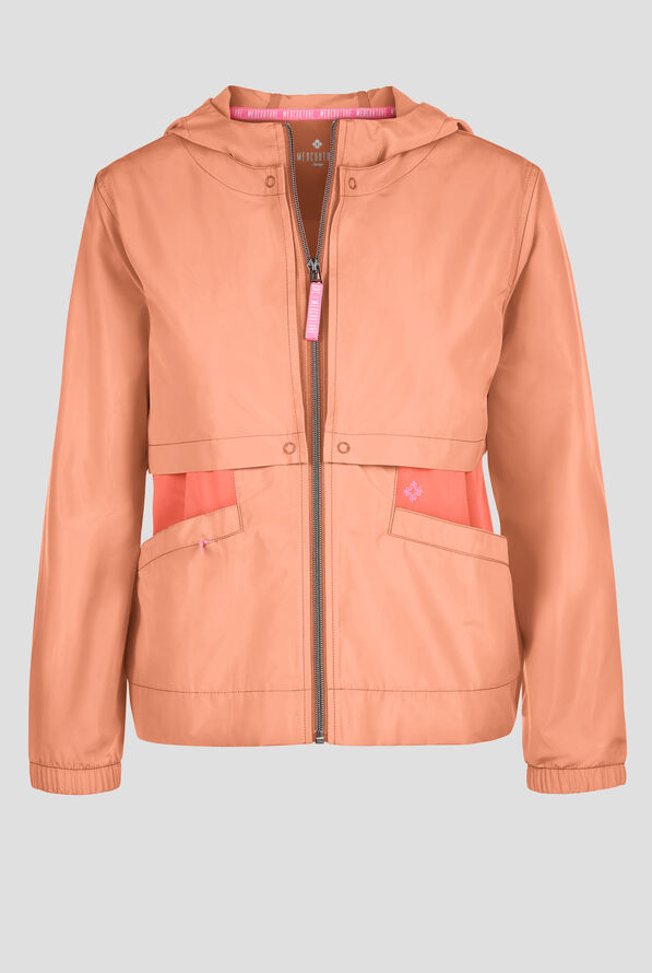 Med Couture Amp Women's 3-Pocket Hooded Zip Front Convertible Windbreaker Scrub Jacket - Coral Fusion - 1