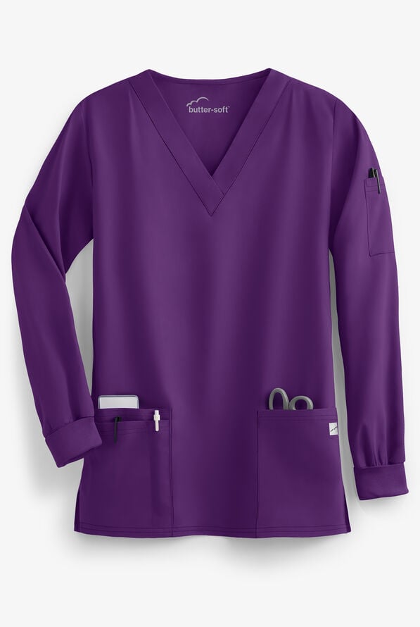 Blusa médica unisex Butter-Soft Core by UA™ con mangas largas y 5 bolsillos - Eggplant - 1