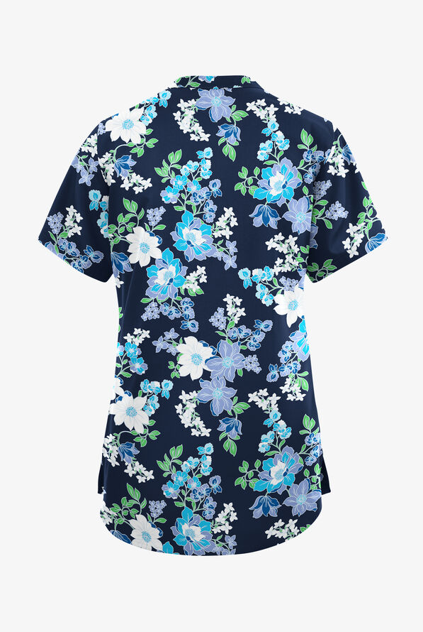 Butter-Soft Originals Florentine Floral Navy Women's 6-Pocket Mandarin Collar Print Scrub Top - null - 2
