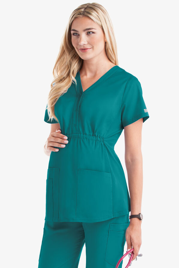 Butter-Soft STRETCH Women's 3-Pocket Knit Panel Maternity Scrub Top - Teal/Teal - 2