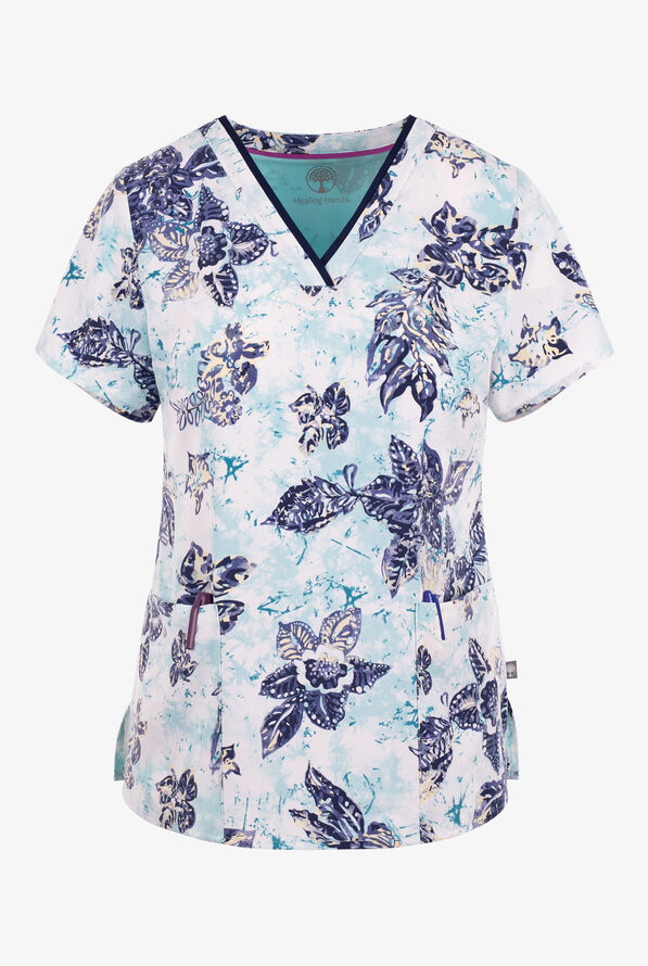 Healing Hands Tropical Tide Floral Women's 3Pocket STRETCH VNeck