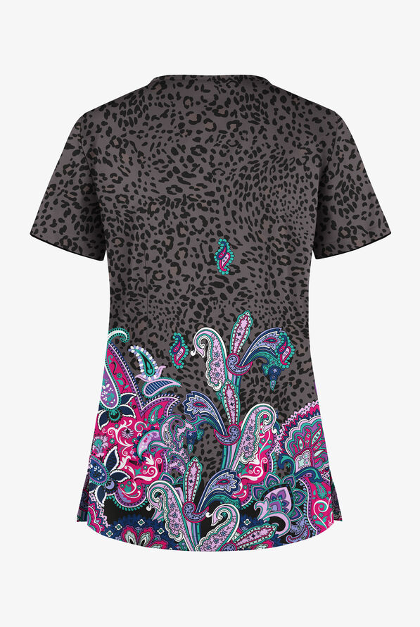 Butter-Soft STRETCH Jungle Paisley Pewter Women's 1-Pocket Tuck-In V-Neck Print Scrub Top - null - 2