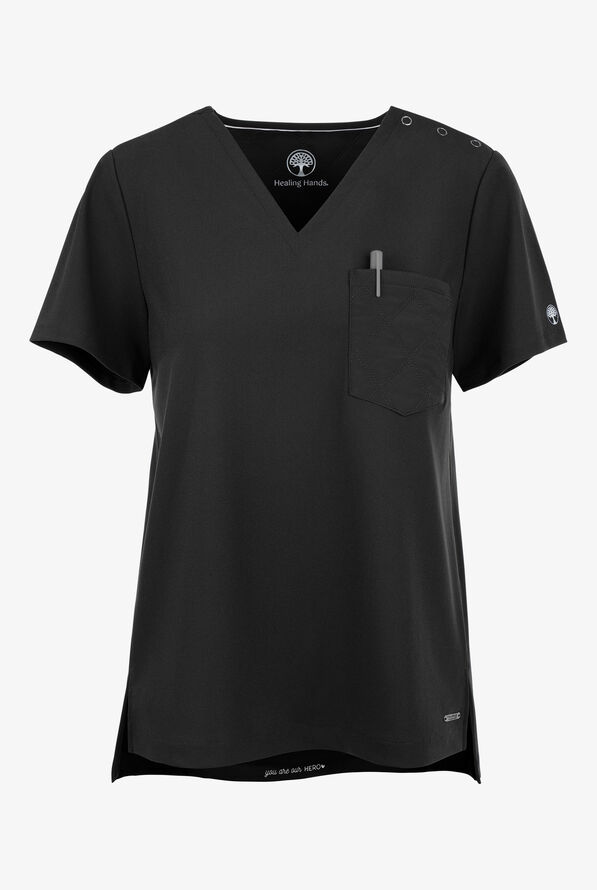 Healing Hands Limited Edition Kiana Women's 1-Pocket STRETCH Quilted V-Neck Scrub Top - Black - 1