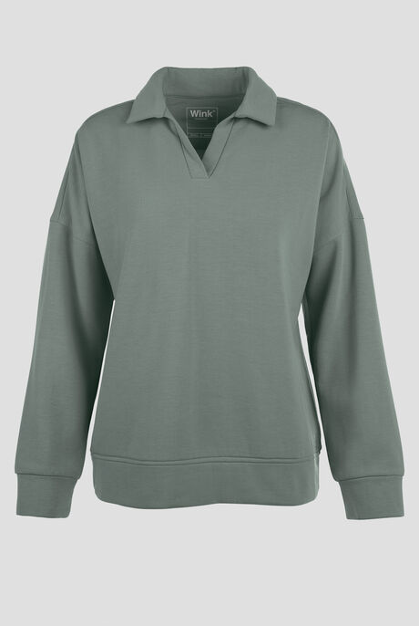 Wink Unwind Women's STRETCH Relaxed Pullover Fleece Polo Scrub Top