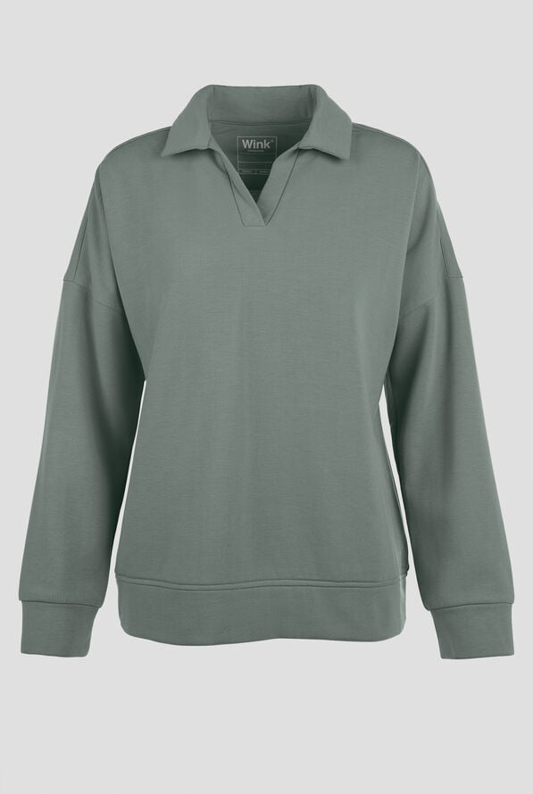 Wink Unwind Women's STRETCH Relaxed Pullover Fleece Polo Scrub Top - Sage - 1