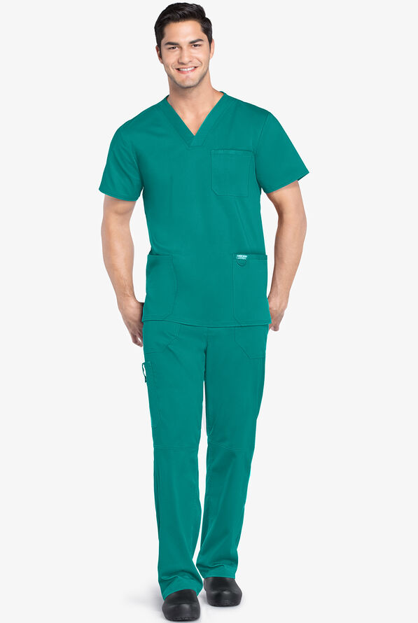 Cherokee Workwear Revolution Men's 3-Pocket STRETCH V-Neck Scrub Top - Teal - 2