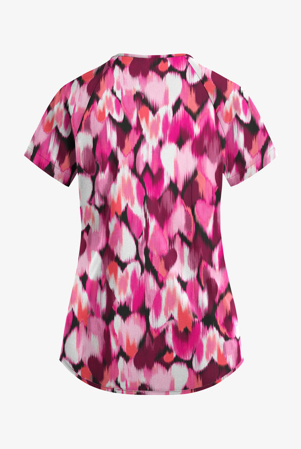 Easy STRETCH Love Garden Onyx Women's 4-Pocket Raglan Sleeve V-Neck Mock Wrap Print Scrub Top - null - 3